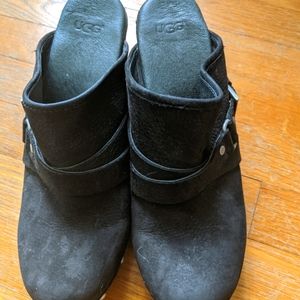 Black leather UGG mules